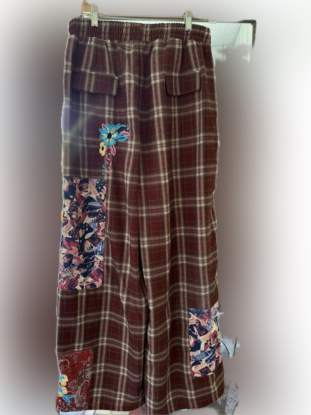 AKIRA Brown/Red Plaid Wide-Leg Pants with Floral Patchwork - Picture 2 of 13
